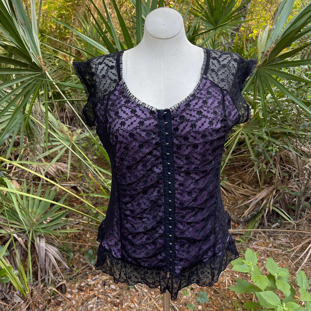 Y2K Vintage Lace Bustier Look Blouse Black Pink Cap Sleeves Studio 1940 Size XL